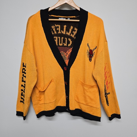 Stranger Things Sweaters - Netflix Stranger Things Hellfire Club Women Medium Yellow Cardigan Graphic